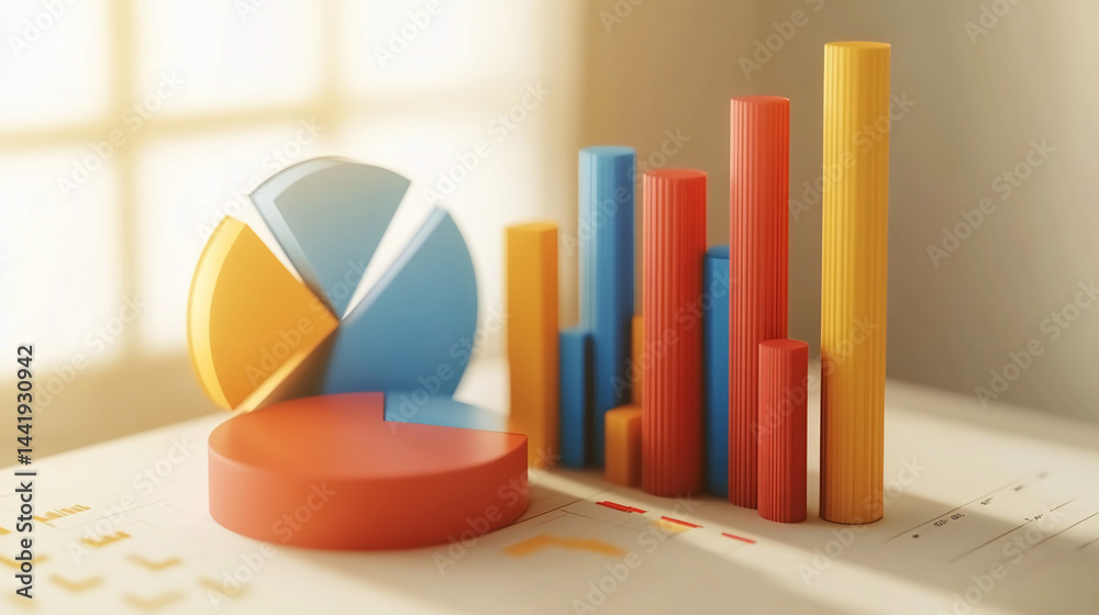 Leinwandbilder Colorful 3D charts and graphs on a document, illustrating data analysis and financial performance.