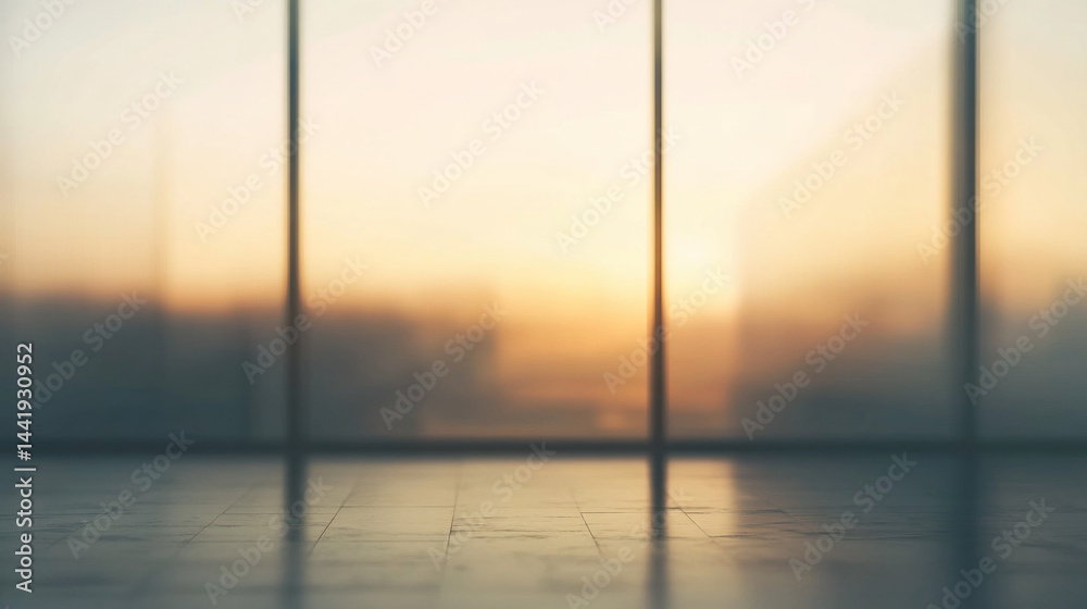 Poster blurred sunset view through large office windows reflecting on polished floor.