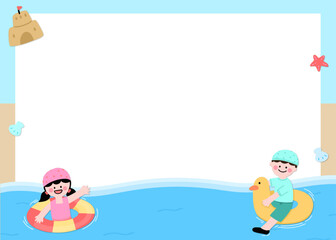 Fototapeta premium 유치원 여름 방학 바다 캐릭터 드로잉 가로 프레임 테두리(kindergarten summer vacation beach character drawing frame)