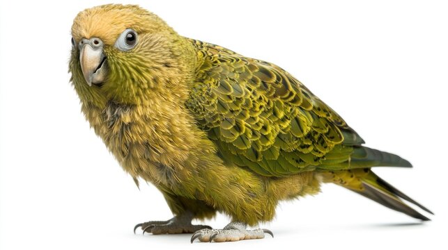 A kakapo parrot standing on the ground, isolated on white