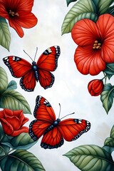 A painting of three red butterflies and flowers on a white background