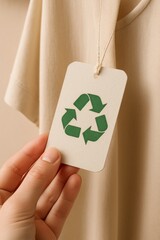 A close-up of a hand gently holding a sustainable clothing tag, showcasing a green recycling symbol in a stylish, eco-friendly font.