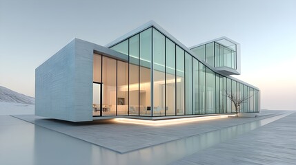 Obraz premium A sleek, glass-walled modern structure with sharp angles and a minimalist design. 
