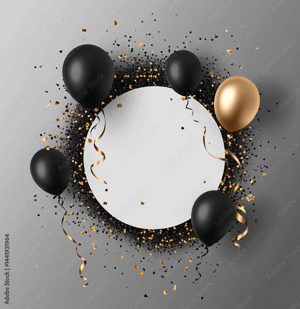 Poster elegant black and gold balloons with confetti surrounding a blank circle for text or design.