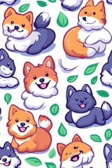 A flat style seamless pattern of Pomeranians, isolate on white background, arranged playfully and dynamically.