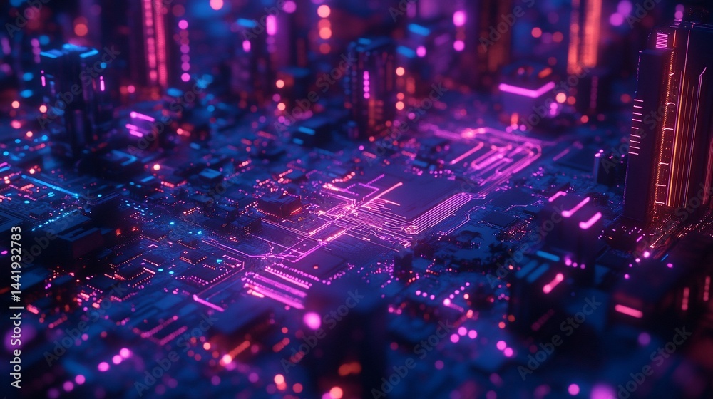Aufkleber abstract digital city scape with glowing neon lines and futuristic architecture.