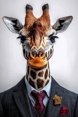 Fototapeta premium A stylish giraffe in a suit, isolate on white background, combining elegance with playfulness.