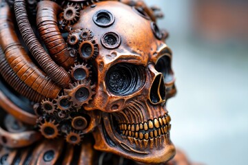 A close up of a metal sculpture of a skull with gears on it