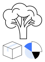 Abstract tree outline for nature, box symbol for logistics or trade, and pie chart for data representation. Ideal for sustainability, analytics, shipping, environmental concept, business, packaging