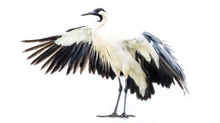 Fototapeta premium A majestic bird standing with feathers fluffed, against white