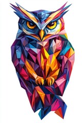 A low polygon style owl, isolate on white background, formed with geometric shapes and vibrant colors.