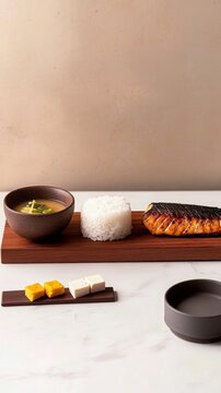 A serene Japanese breakfast set on a minimalist, handcrafted wooden tray, showcasing a delicate bowl of miso soup.
