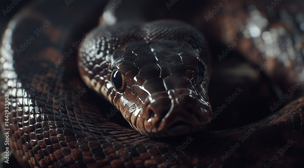 Poster close-up of a dark-brown python's head and coils, showcasing its scales and eyes in low-light.