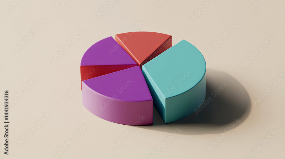 Poster 3D rendered pie chart with four colorful segments, illustrating data analysis or market share.