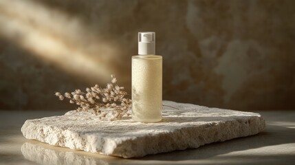 Cream bottle on stone surface with natural light