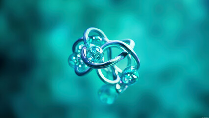 Abstract turquoise knot artwork on a blurred teal background. The knot is intricately designed and appears three-dimensional.