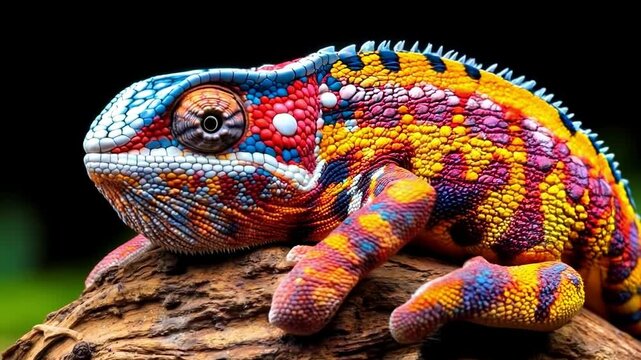 A colorful chameleon sitting on top of a tree branch