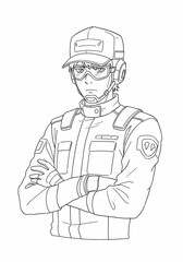 Fototapeta premium Line Art Drawing of a Man with Cap and Goggles Standing with Arms Crossed