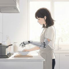 A woman with a bionic arm cooks in the kitchen. An illustration of independence, adaptation to everyday life, and integration of technology into everyday life.
