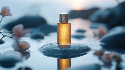 Golden liquid bottle on stone in water with flowers