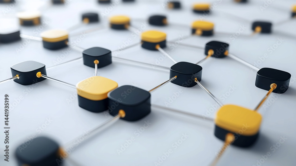 Poster abstract network of interconnected black and gold nodes.