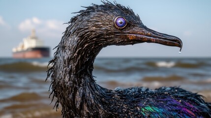 Black bird with glossy feathers near ocean waves and cargo ship in background during sunny day