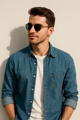 Obraz premium A stylish young man standing against a light backdrop, wearing a denim shirt rolled at the sleeves, a white t-shirt underneath, and round sunglasses.