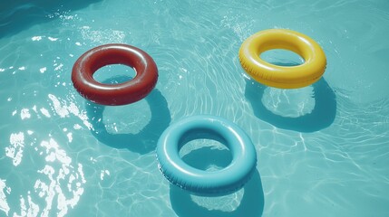 Colorful swim rings float on a sunny pool water surface during a summer afternoon gathering outdoors