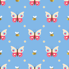 Seamless pattern with butterflies and bees on a blue background