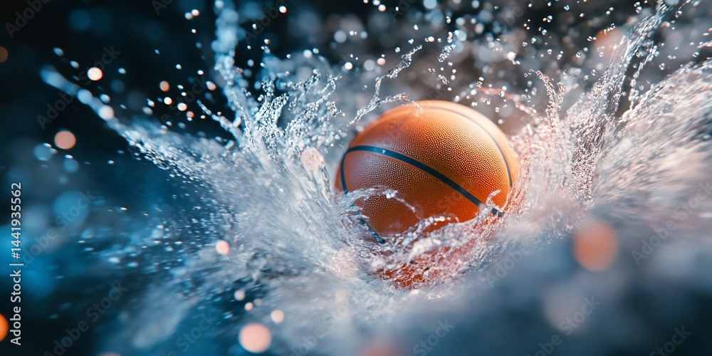 Poster basketball splashing into water, creating a dynamic water splash.