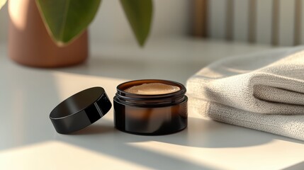 Amber jar of face cream on white surface