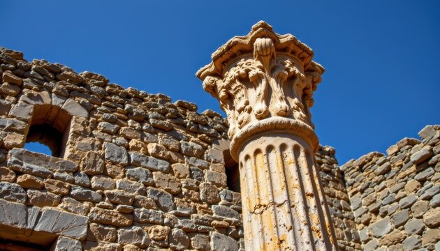 Ancient Column in Ruined Stone Structure