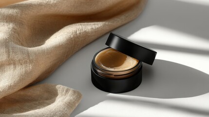 Natural cosmetic product display on beige cloth