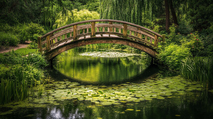 Wooden bridge over tranquil pond in lush garden