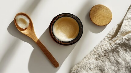 Cosmetic cream in jar and wooden spoon