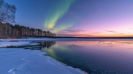 Spectacular Northern Lights reflected on frozen lake, vibrant green and purple aurora reflections, long exposure shot of northern night sky, ethereal celestial phenomenon in the Arctic wilderness