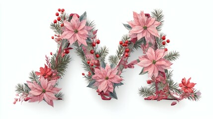 Letter M Adorned with Floral Accents & Winter Foliage on a White Background