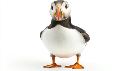 Obraz premium A puffin standing with its colorful beak, looking forward, on white