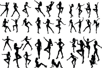 Female Silhouette Dance Poses. High Heels Model Movement Vector Set
