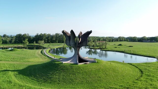 Aerial Drone View of Jasenovac Stone Flower Memorial Monument in Croatia