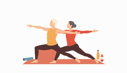 Fototapeta premium Senior couple stretching on yoga mats, wellness and fitness