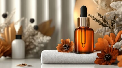 Amber dropper bottle on white background with autumnal accents
