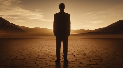 Silhouette of a man standing alone on cracked earth at dusk in a desert landscape with mountains in the background