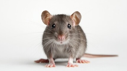A rat standing with tiny paws, against white
