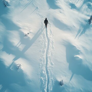 Overhead shot of a lone trailblazer making a new path through the snow symbolizing bold exploration and entrepreneurial ambition Startup Journey through Adversity Bold Innovation in Harsh Conditions