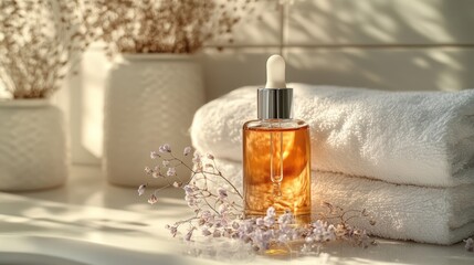 Amber serum bottle on white towels