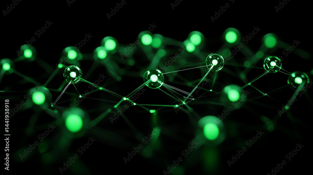Poster abstract green glowing nodes and connections on dark background.