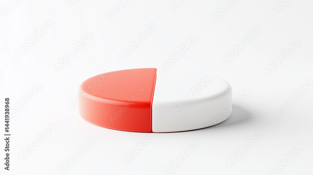 Poster red and white half-circle pie chart on white background.