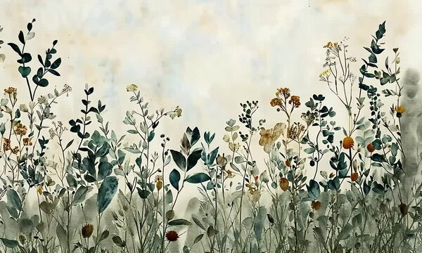 Delicate botanical illustration of wildflowers in muted tones