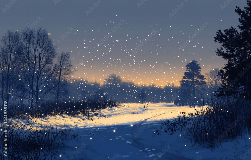 Poster serene winter landscape at sunset, snow falling softly on a quiet path through snowy trees and field